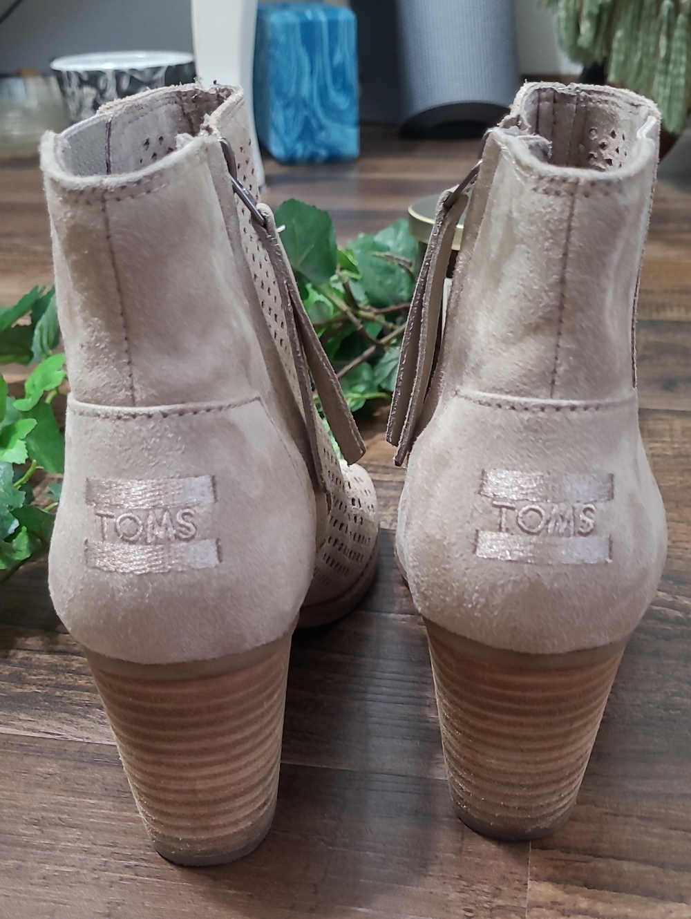 Toms Majorca Desert Taupe Perforated Peep Toe Suede Bootie - Picture 5 of 9